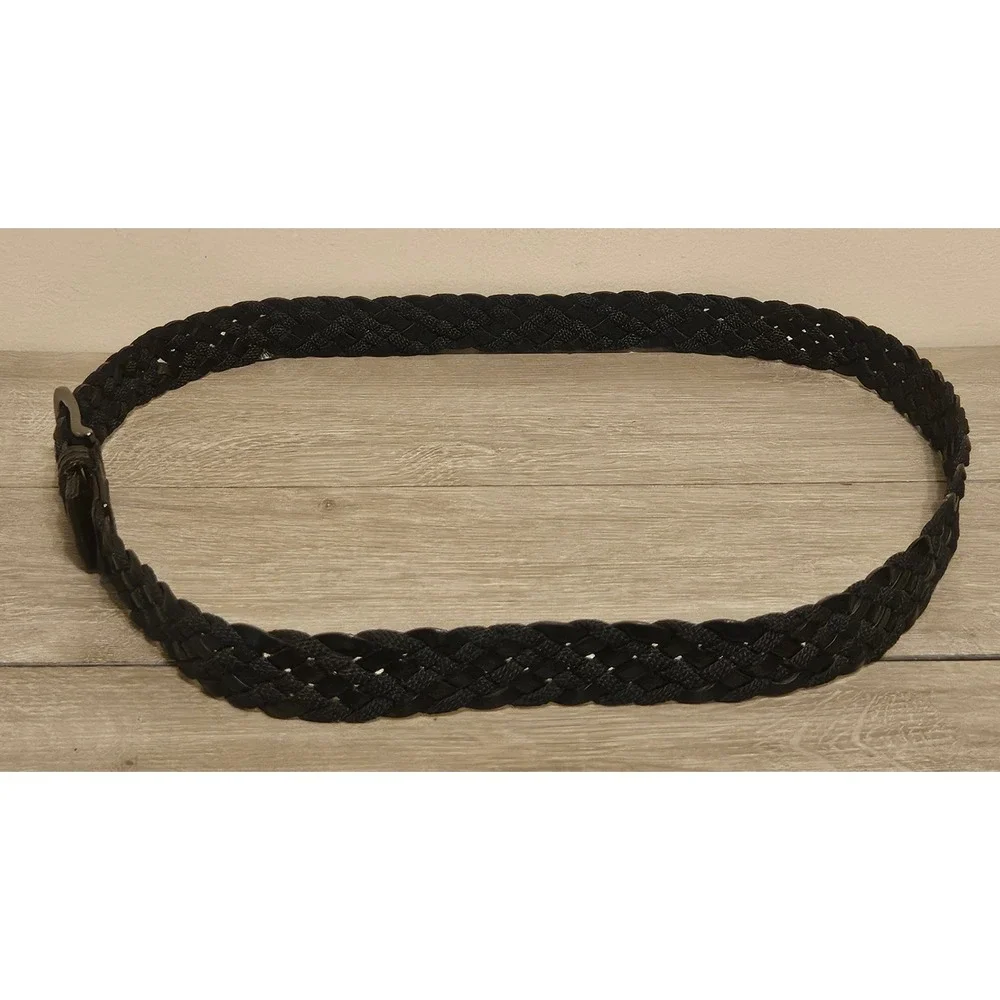 TUMI Mens Braided Leather Belt Black Woven Gunmetal Buckle 15906 Size Large